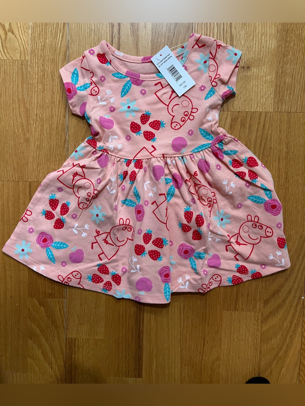 Peppa Pig Pink Floral & Strawberry Dress with Teal Leaves